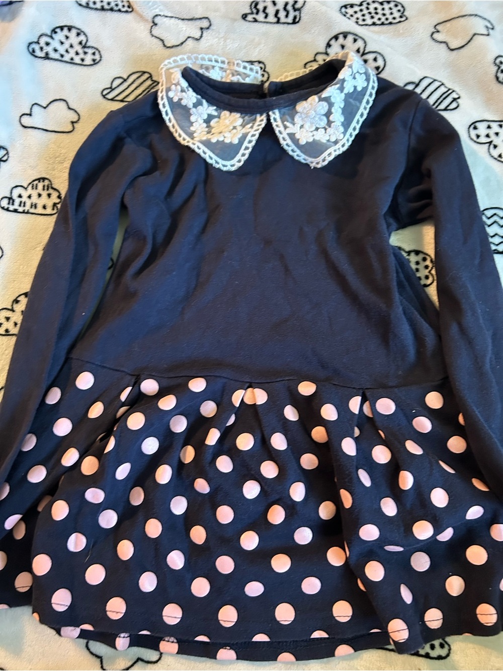 Navy Long Sleeve Polka Dot Dress with Lace Collar